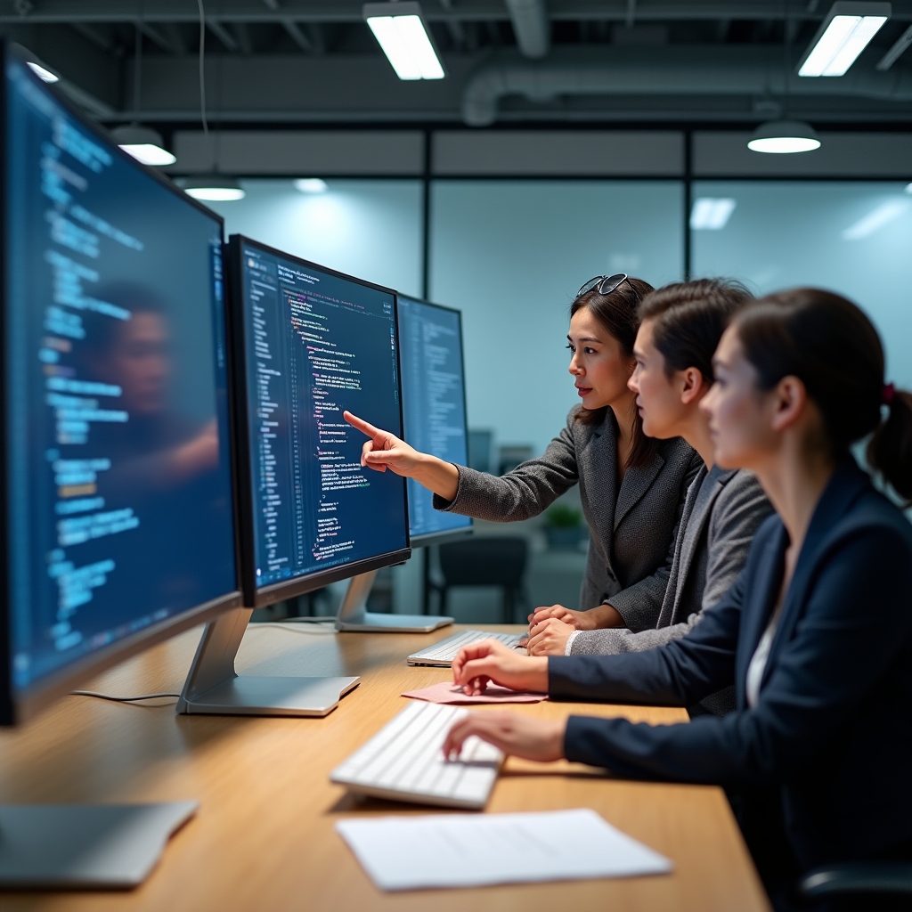 Audit team reviewing dependency code on large monitors in a modern office
