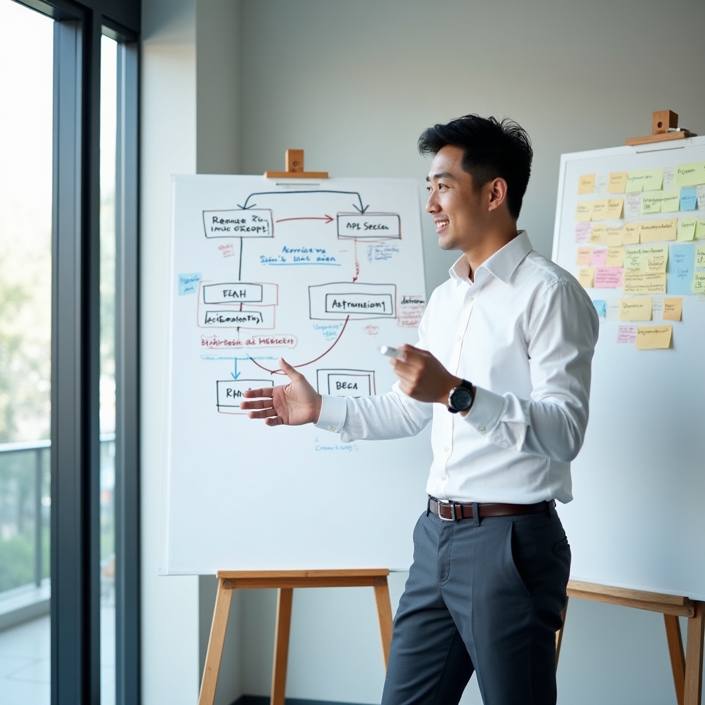 Security analyst mapping API integration flows on a whiteboard with color-coded data flow diagram and sticky notes
